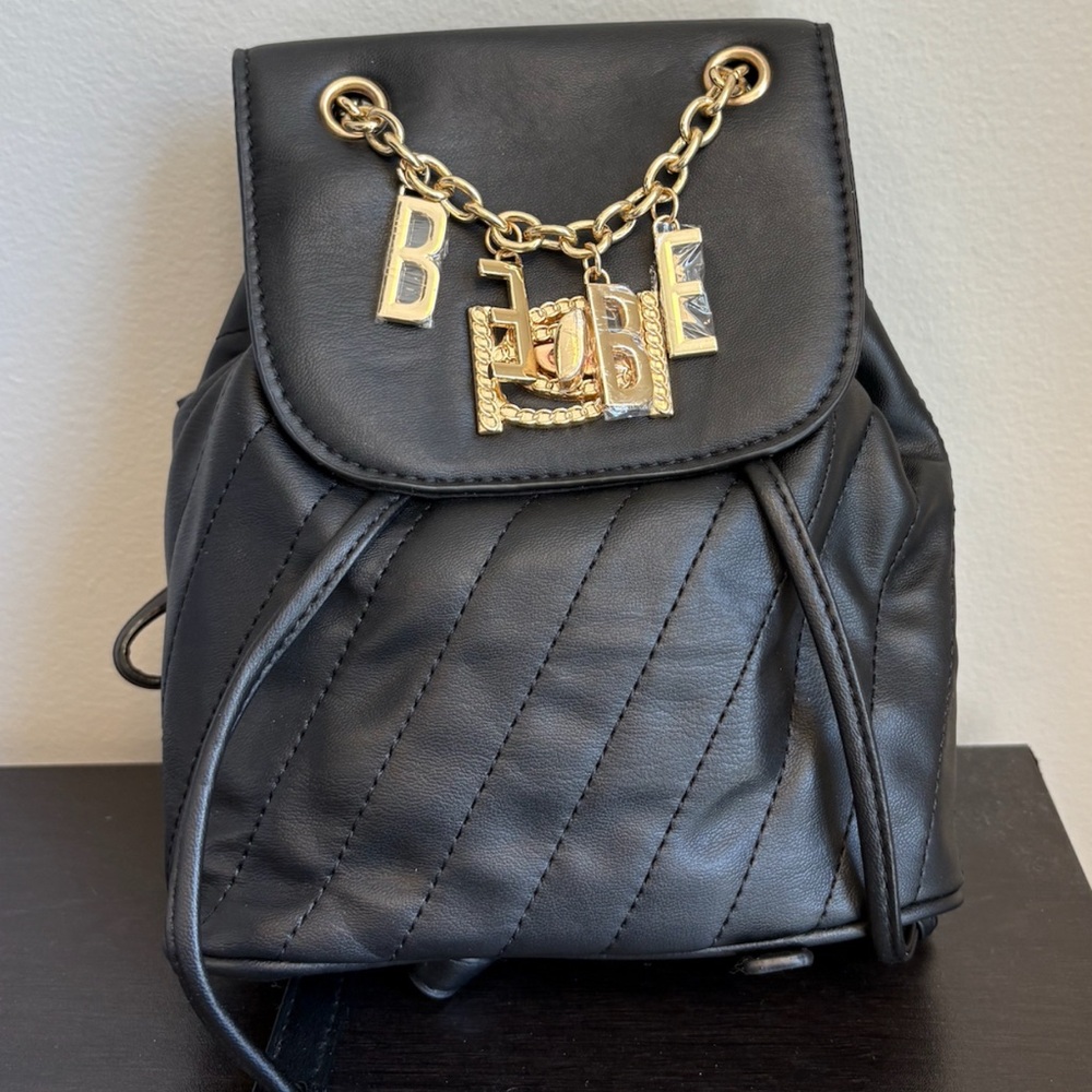 Bebe Black and Gold Quilted Backpack with Chain Details